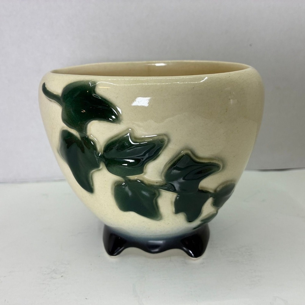 Vintage McCoy Pottery Green Ivy Leaf Planter Cream Footed Oval Pot 4.75 Inch